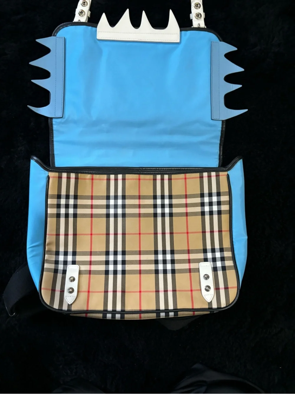 Burberry Beige Plaid Kids Messenger Bag with White Trim and Blue Sides